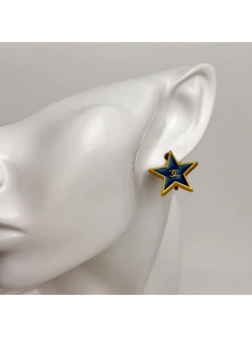 Chanel CC Logo Star Earrings Plated Turquoise Blue Gold Vintage